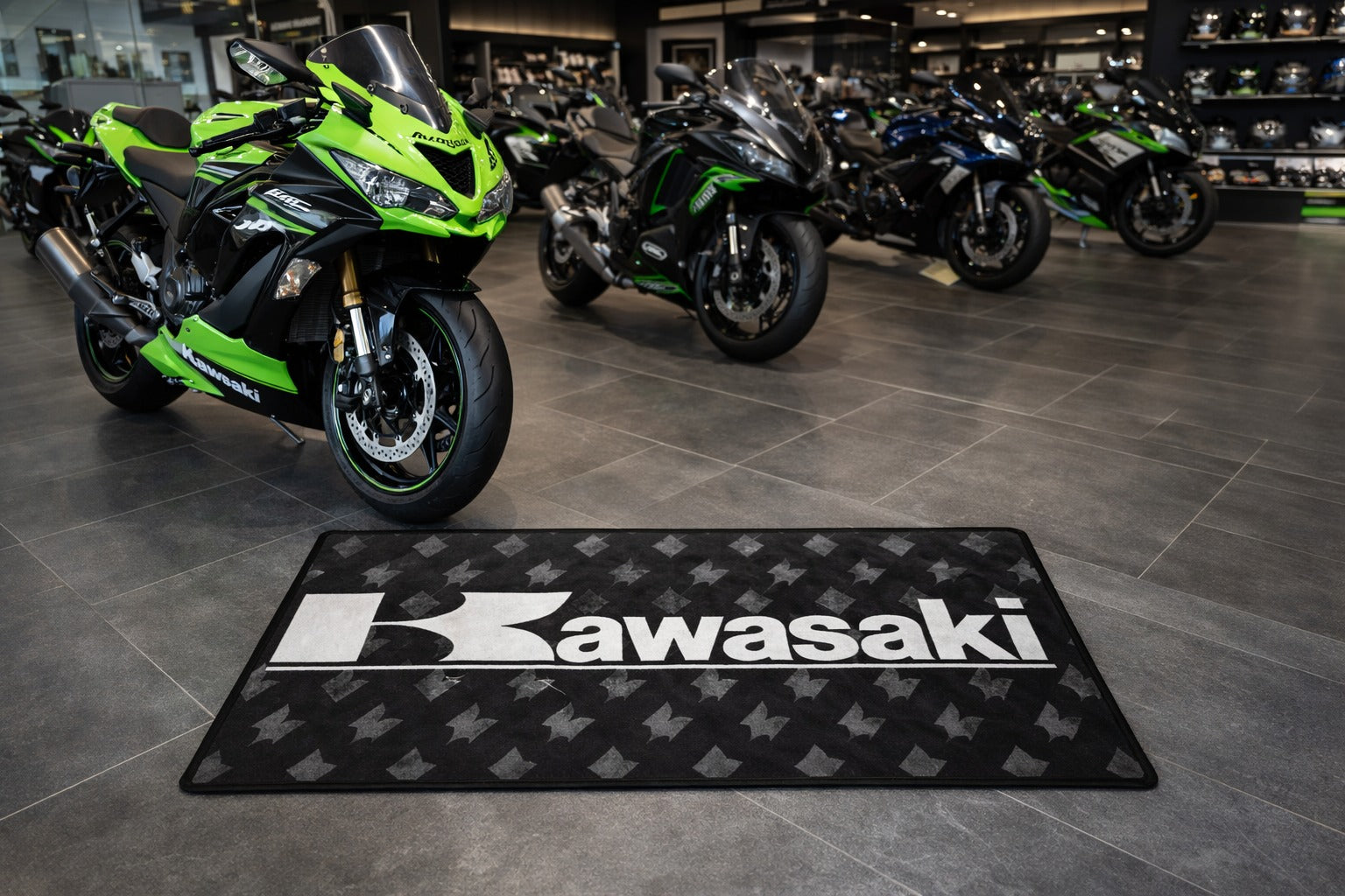 Kawasaki Premium Custom Rug (28x87) INCHS (75x220)Cm – Motorcycle Garage & Room Decor