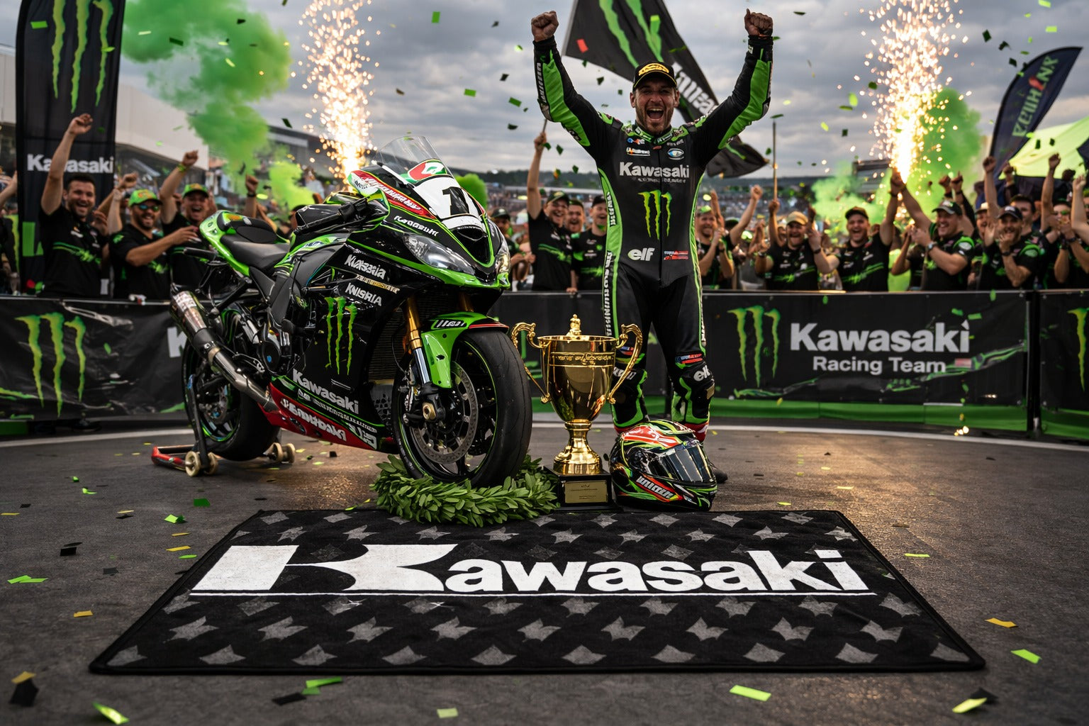 Kawasaki Premium Custom Rug (28x87) INCHS (75x220)Cm – Motorcycle Garage & Room Decor