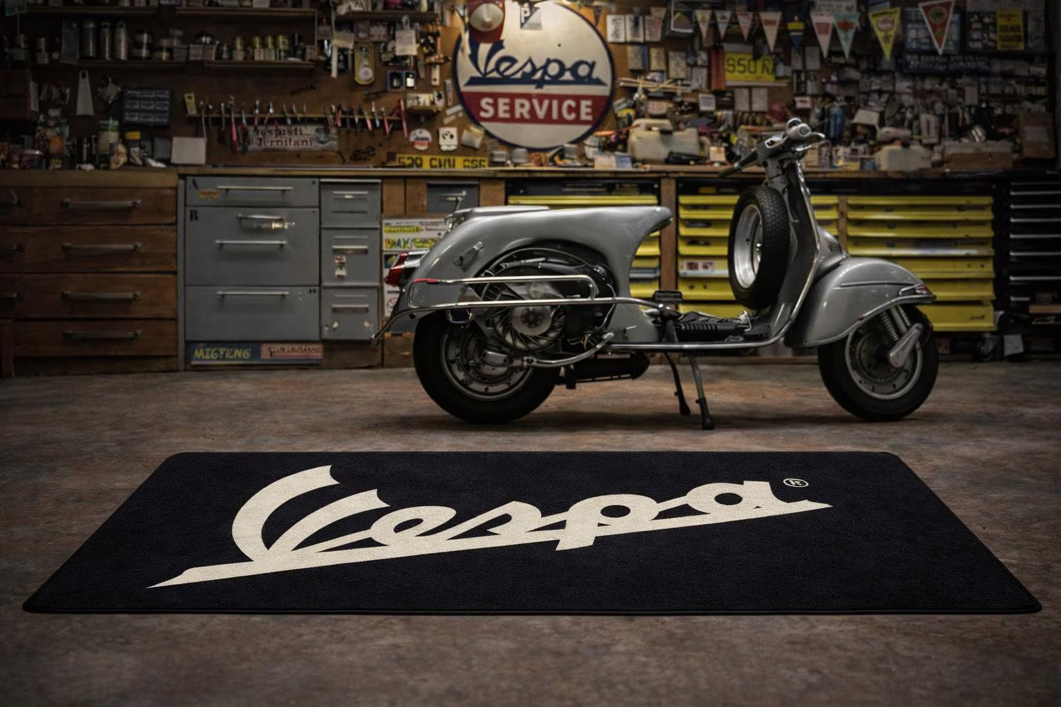Vespa Premium Custom Rug (28x87) INCHS (75x220)Cm – Motorcycle Garage & Room Decor