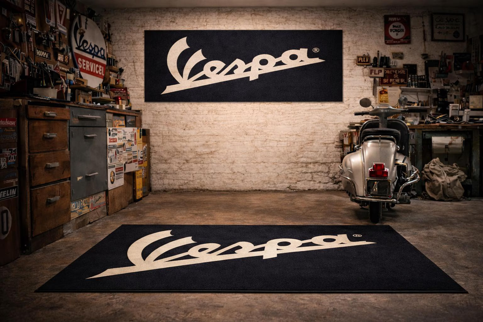 Vespa Premium Custom Rug (28x87) INCHS (75x220)Cm – Motorcycle Garage & Room Decor